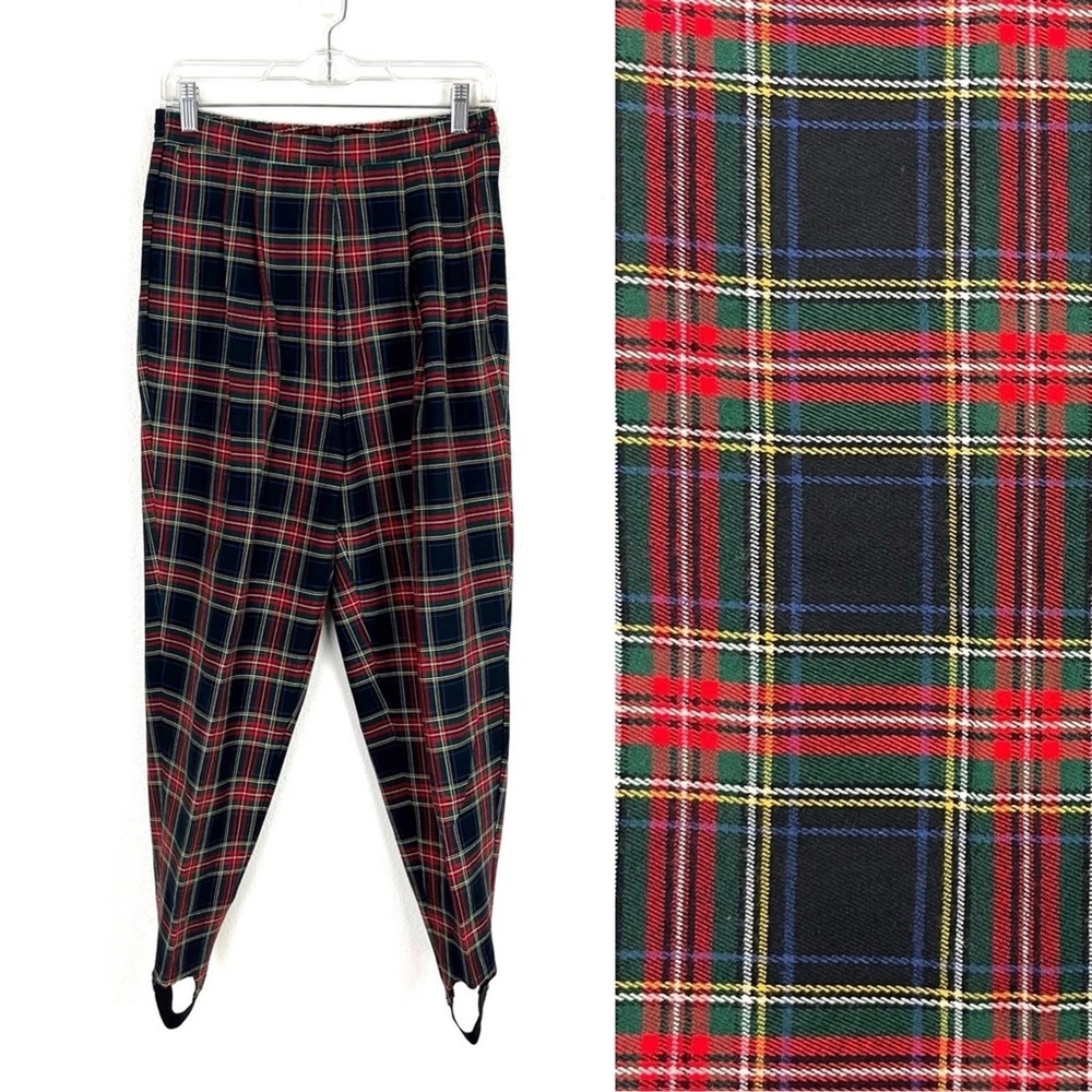 Vintage Women's Tartan Plaid Stirrup Pants High Waist Retro 80s